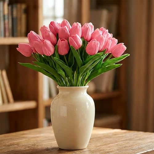 Image of 20Pcs Stems 13.5 Inch Medium Pink PU Artificial Moisturizing Tulips, Faux Tulips Flowers for Thanksgiving Christmas Decorations Wedding Home Table Vase Floral Arrangements