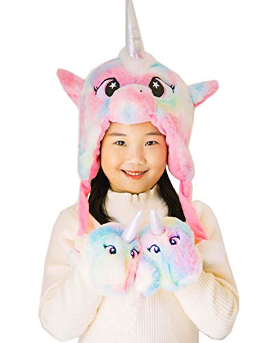 Kids Girls Cute Rainbow Unicorn Beanie Winter Hat and Glove Set Tie Dye Fuzzy Fur Earflap Cap Mitten Set3