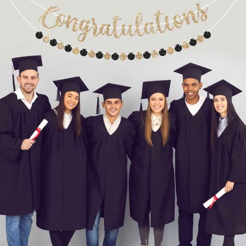 Image of Pre-strung Congratulations Banner - Gold Glitter Congratulations Banner | No DIY - Pre-strung Garland on 6 ft Strands - Black & Gold Graduation, Wedding, Retirement Party Decorations & Decor
