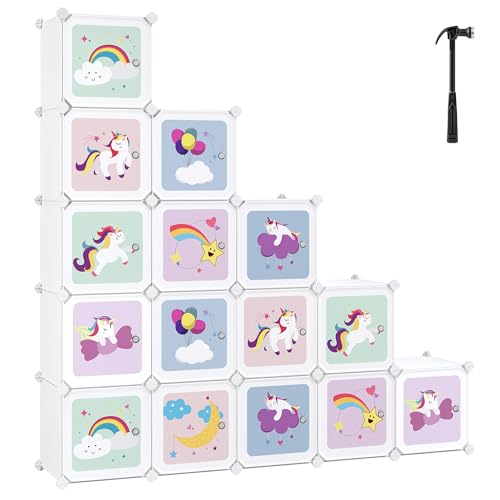 SONGMICS Armadio Cameretta, Guardaroba Modulare a 16 Cubi con Ante, Libreria Bambini, Scaffale Porta Giochi in Plastica, Mobile Porta Giocattoli, Scarpiera, 123 x 31 x 123 cm, Bianco LPC906W01