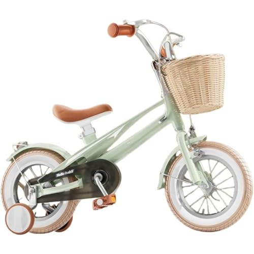 2-6 歳向け子供用自転車 マグネシウム合金軽量 カゴ・補助輪・コマ付き 高さ調節可能 フロント&リアダブルブレーキ バランス感覚育成 男の子・女の子兼用 可愛らしいデザイン 祝いプレゼント向き (16インチ,グリーン(デラックス版))
