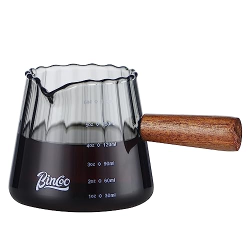 Bincoo 6oz Espresso Shot Glass with Wood Handle,Single Spouts Coffee Milk Measuring Cup with Clear Scale -Heat Resistant Glass Creamer for Coffee Tea or Maple Syrup Serving (180ML gray)