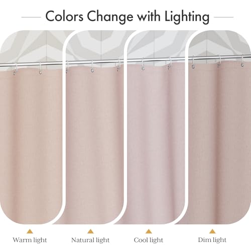 Image of AmazerBath Pink Boho Shower Curtain with Tassels, Modern Farmhouse Shower Curtains for Bathroom, Pink Shower Curtain Fabric, Rustic Faux Linen Shower Curtain Set with Hooks, 72x72 Inches