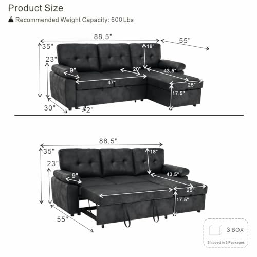 Image of KEIKI 88.5 inch Sectional Sleeper L Shaped Sofa with Pull Out Bed,