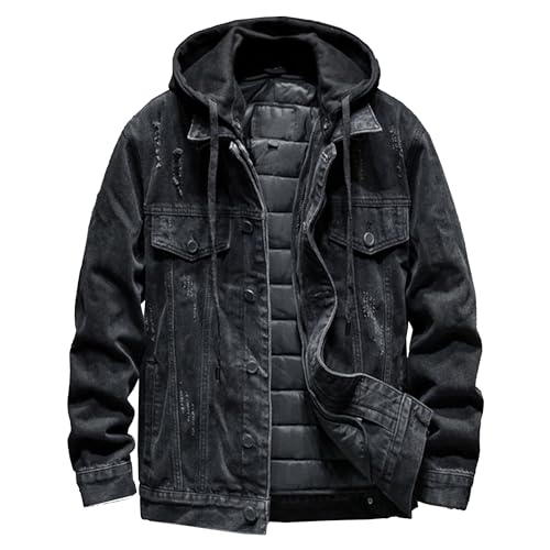 Men's Fleece Hooded Denim Jackets Slim Fit Winter Hoodie Jean Jacket Lined Thicken Trucker Cowboy Coats