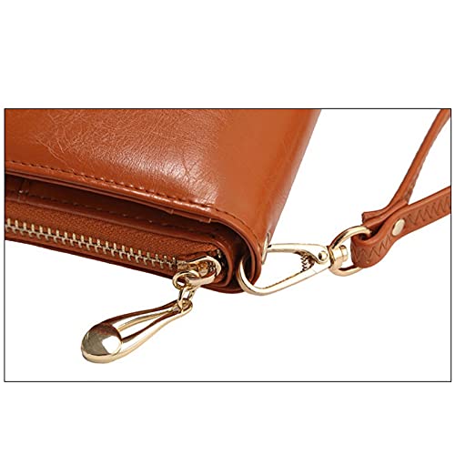Womens wallet Ladies Wax Leather Wallet Large-capacity Buckle Zipper Long Wristband Clutch Change Card Holder(Brown)4