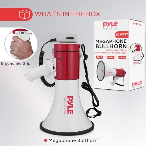 Pyle Megaphone Speaker PA Bullhorn - with Built-in Siren 50 Watts Adjustable Volume Control & Record Function - Ideal for Football, Baseball, Cheerleading Fans, Coaches or for Safety Drills PMP58U