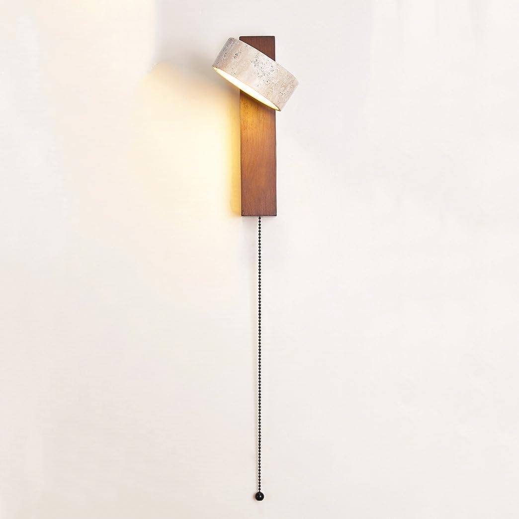 Wood Wall Sconce, Rotatable Wall Light Fixture with Stone Shade, 1-Light Reading Lamp for Bedroom, Living Room(Wood)