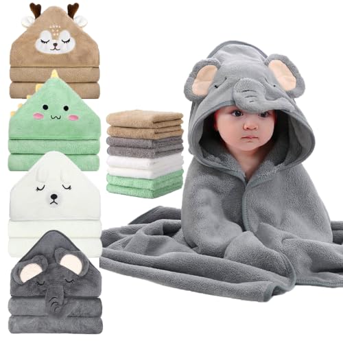 Image of 12 PCS Baby Bath Towels Set for Newborn Toddlers, 4 PCS Hooded Baby Towels & 8 PCS Washcloths, Ultra Absorbent Newborn Bath Essentials Gift for Boys & Girls