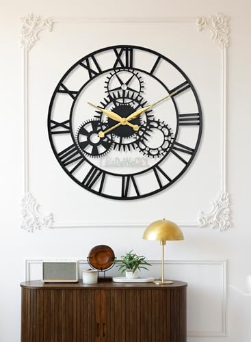Image of 24 Inch Large Metal Wall Clock with Fixed Gears - Decorative Industrial Vintage Wall Watch Sculpture for Living Room, Bedroom & Office - Modern Silent Quartz Roman Numeral Home Decor