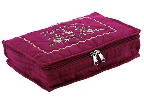 Image of Amazon Brand - Solimo Cotton Blend Embroidery Jewellery Kit cum Pouch, Maroon Satin Jewellery Pouch Cum Makeup Kit, Gold