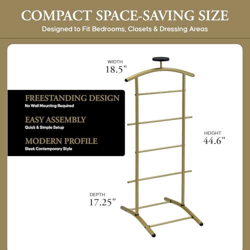 Image of Kings Brand Freestanding Metal Suit Valet Stand with Tie Bar, Gold | Complete Clothing Organizer with Hanger, Trouser Bar & Shelf Keeps Jackets, Pants, Ties, Belts & Accessories Organized