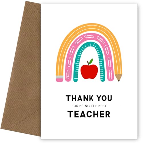 Thank You Card for Best Teacher - School Rainbow Design - Amazing Nursery Worker, Key Worker, Preschool or Teaching Assistant at the End of Term, End of School