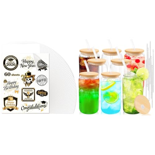 Joyclub Bundle of 60 Sheets 8.5x11 Sublimation Sticker Paper and 8 Set 16 oz Glass Cups with Bamboo Lids and Straws