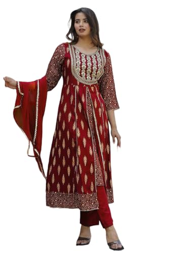 Image of Rayon Nayra Cut Embroidered Kurti Pant Set with Dupatta|Elegant Ethnic Wear for Party and Festive Occasions