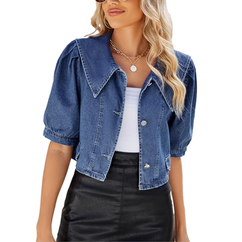 Women's Cute Puff Short Sleeve Denim Crop Top Slim Cropped Jean Jacket