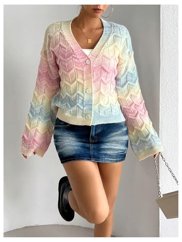 Image of MakeMeChic Women's Colorful V Neck Cardigan Sweater Long Sleeve Knit Cardigans Outerwear Pink Small