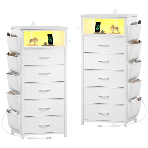 Image of EnHomee Tall Nightstand Set of 2, Bedside Table with Charging Station and LED Light, Night Stand with Extra Side Bag & Hooks, Bedroom, Closet, Hallway, Entryway, White