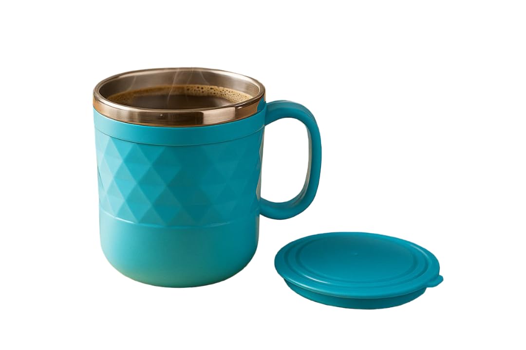 TYLOS Insulated Plastic Stainless Steel Coffee Mug with Lid 400ml | Double Wall Tea & Milk Mug for Travel, Home, Office, | Leakproof | Drinkware Gifts for Women & Men (1, Blue)