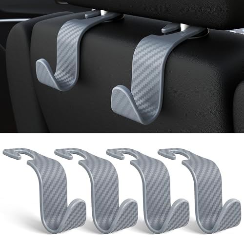 Image of 4-Pack Car Headrest Hooks Holds 55lbs Seat Storage Organizer for Bags | Durable ABS Material, 360 Rotating, Car Hanger for Backpack Umbrella Water Bottle Coat Handbags Groceries, Checkered Grey