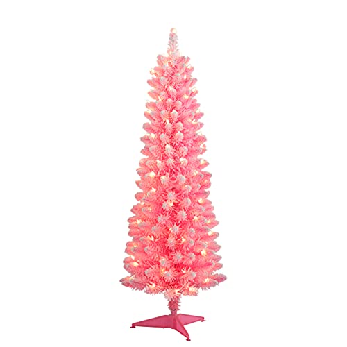 Puleo International Pre-Lit 4.5' Flocked Pencil Artificial Christmas Tree with 100 Lights, Pink