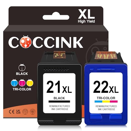 COCCINK 21XL 22XL Cartucho de Tinta Remanufacturado para HP 21 XL 22 XL Deskjet F380 F370 3930 D2360 D2460 F2180 F2224 F2280 F4180 PSC 1401 1406 1410 OfficeJet 4315 5610 Fax 1250 3180 Negro y Color
