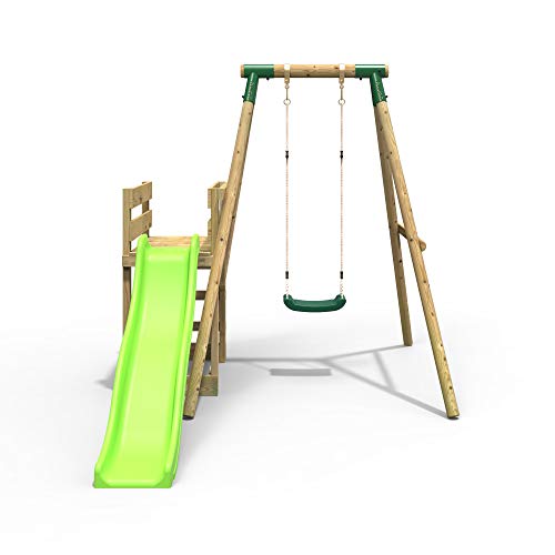 image for Rebo® Wooden Swing Set Plus Deck and Slide - Solar Green | Outdoor To