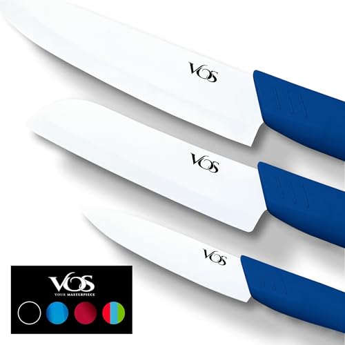 Vos Ceramic Knife Set in Elegant Gift Box, Ceramic Knives Set For Kitchen, Ultra Sharp Kitchen Knife Set with Covers, 4' 5' 6' Paring, Santoku & Chef Knife, Lightweight, Dishwasher safe (Blue Handle)