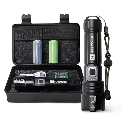 Haltons 10,000 Lumens Rechargeable Torch - Waterproof, Tactical, LED, Super Bright, USB-C Charging, Powerful Flash Light, Durable with Versatile Modes & SOS Mode - Ideal for Camping, Hiking & More