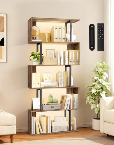 OUTONLIFE Librería con Forma de S con Luz, 5 Niveles, Control Táctil y Mando a Distancia, Estantería Expositora Autoportante de Estilo Industrial para Salón, Dormitorio y Oficina (70 × 24 × 157 cm)