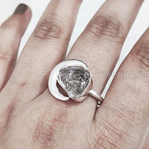 Natural Herkimer Diamond Ring, Raw Herkimer Diamond Ring, Crescent Moon Adjustable Ring, 925 Sterling Silver, Womens Ring, Christmas, Thanksgiving, Handmade, Statement Jewelry, Rough Gemstone Jewelry #TOP4