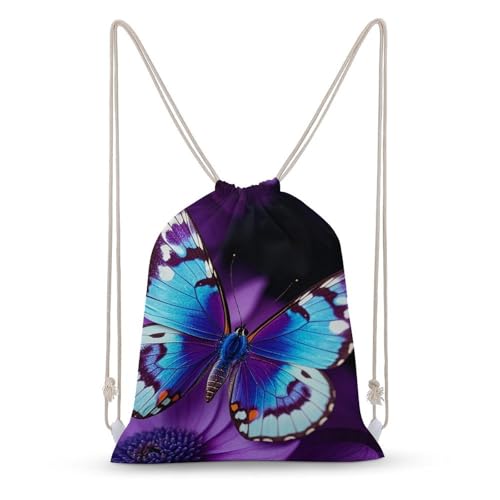 Blue Purple Butterfly Drawstring Backpack Gym Bag Lightweight Sackpack Gift for Hiking Travel Beach Shopping