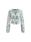 CIDER Floral Print Long Sleeve Crop Top V Neck Blouse Women Fashion