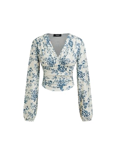 CIDER Floral Print Long Sleeve Crop Top V Neck Blouse Women Fashion