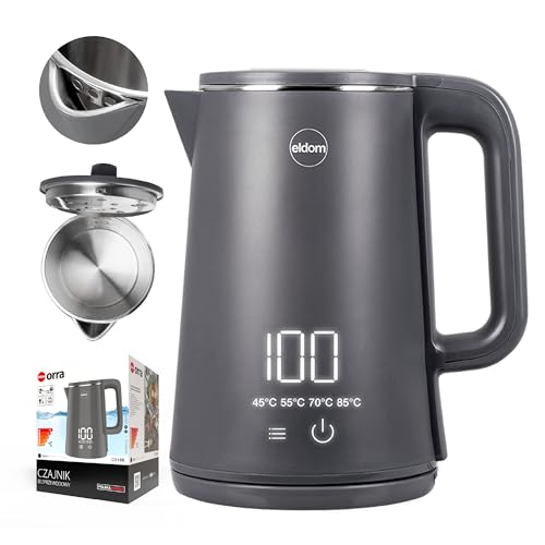 KABELLOSER ELEKTRISCHER WASSERKESSEL C515S Eldom, 5 voreingestellte Programme, Farbe grau, Kunststoff + Edelstahl, Fassungsvermögen 1,8 l, LED-Display, 360°-Sockel