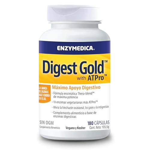 Enzymedica, Digest Gold, Fórmula Enzimática de Acción Rápida, Reduce los Gases y la Hinchazón, Mejora la Absorción de Nutrientes y la Energía, Sin Gluten, Sin Lácteos, Vegano, 180 Cápsulas