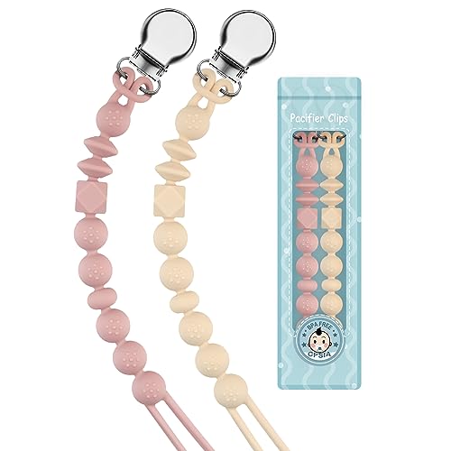 Image of Pacifier Clip for Boys Girls Silicone Binky Clips Chain Leash Holder Straps Soft Flexible with Texture Baby Shower Birthday Christmas(Beige,Pale Pink)