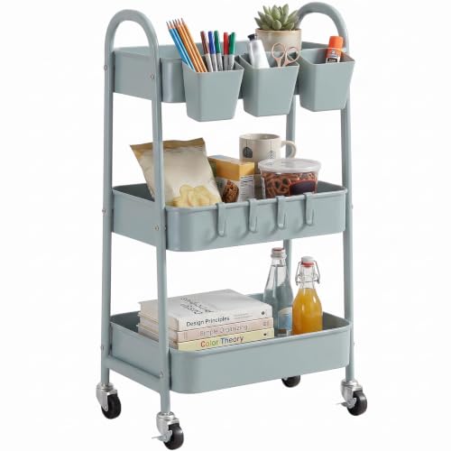 Image of danpinera 3-Tier storage trolley, Metal storage cart with Lockable Wheels & Hanging Cups & Hooks, storage trolley on wheels for bathroom, kitchen, craft, beauty, Dusty blue