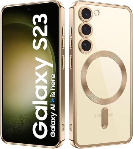 VONZEE Clear Logo Electroplating Transparent Case for Samsung Galaxy S23 5G, Magnetic Plating [Support for MagSafe Charger] Electroplate TPU Cover, Individual Camera Protection for Each Lens- Gold- Best and cheap mobile covers in India