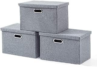 AlphaHome Large Storage Boxes with Lids [3 Pack], Foldable Linen Fabric Storage Baskets for Organising Clothes and Toys, Grey, 39x27x25cm