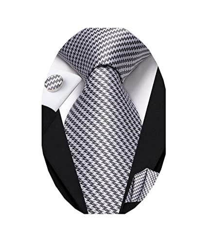 Dubulle Mens Novelty Ties Grey White Neckties Pocket Square Cufflinks Business Formal Suit Tie Set