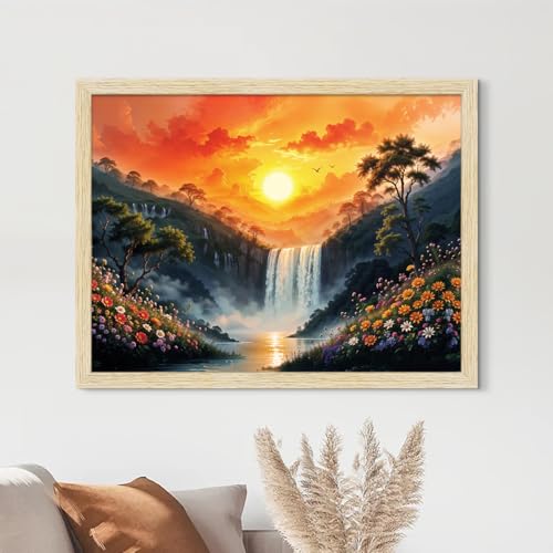 Image of ArtX Canvas Rising Sun Painting For Vastu, Big Size Wall Art, Waterfall Painting Vastu, Rising Sun Wall Decor, Multicolor, Nature, 61.0 X 48.0 cm, Set of 1