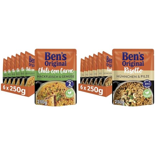 Ben's Original Express-Reis Fertiggerichte - Multipack - Chili Con Carne Hackfleisch & Gemüse (6 x 250g) I Risotto Hühnchen & Pilze (6 x 250g) - 12 Packungen