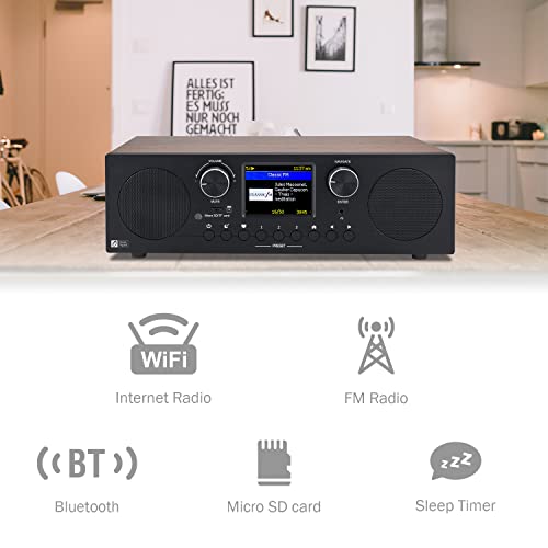 Image of Ocean Digital WR-800 FM Wi-Fi Internet Radio Stereo Speakers Micro SD Line Out Aux in 30,000+ Stations Stress Relief Relaxation Sleep Aid 2.8 inch Color Display Wooden Casing Black