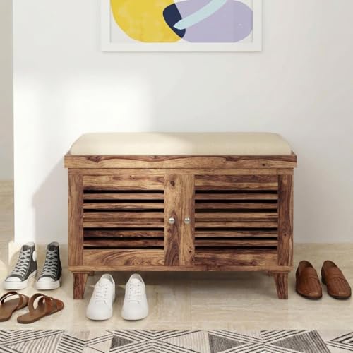Image of Amazon Brand - Solimo Giljan Solid Sheesham Wood Shoe Storage Cabinet with Seating Bench, Natural Finish, 2 Doors