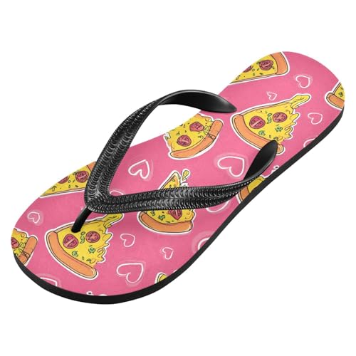 ALAZA Pizza Pink Love Pattern Flip Flops for Women Fashion Beach Slippers Comfort Mens Flip Flops Non-Slip Rubber Shower Slippers Sandal for Hotel Travel Sport,XS2