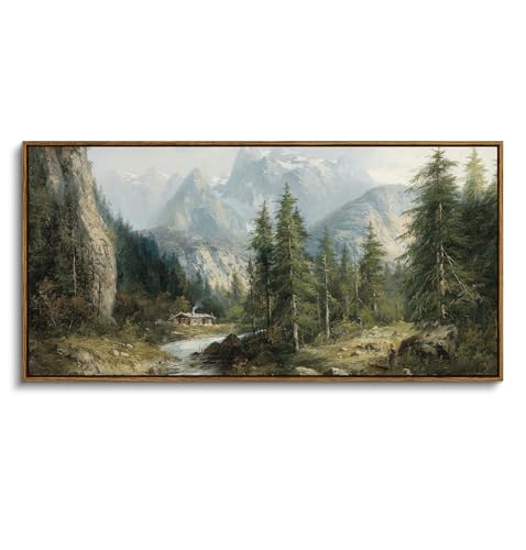 ARPEOTCY Rustic Landscape Wall Art for Living Room Fireplace Hallway, Large Framed Art,20x40in,Vintage Farmhouse Earthy Moody Cozy Decor, Nature Alpine Mountain Painting Artwork for Spring Summer