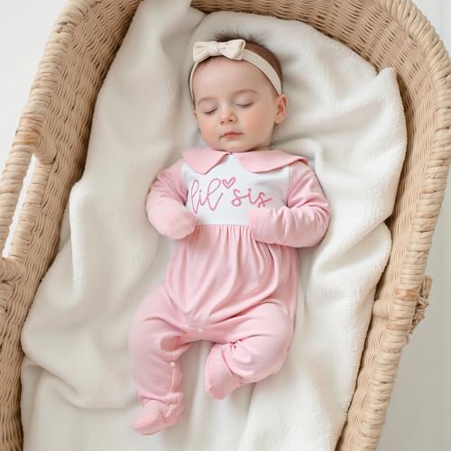 Newborn Baby Girl Footed Romper Onesie Little Sister Embroidery Fall Clothes Coming Home Outfit Vintage Jumpsuit3