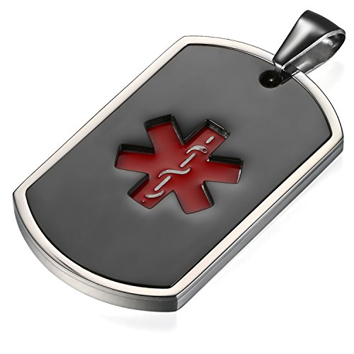 Flongo Placa Alerta Medica Cruz roja, Collar de identificación Acero Inoxidable Personalizado para alergias, Placa Dog Tag Militar de Hombre, Negro