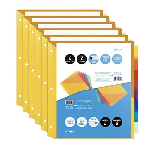 OS Plus 8-Tab Plastic Binder Dividers w/ 2 Pockets, Insertable Big Tabs, 6 Sets